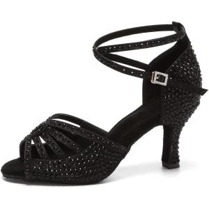 imageJUODVMP Womens Latin Dance Shoes Rhinestones Satin Ballroom Dancing Shoes Salsa Professional Dance ShoesBlack3 Heel