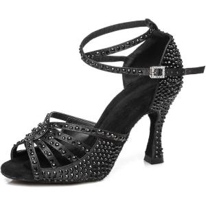 imageJUODVMP Womens Latin Dance Shoes Rhinestones Satin Ballroom Dancing Shoes Salsa Professional Dance ShoesBlack35 Heel