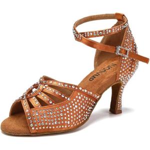 imageJUODVMP Womens Latin Dance Shoes Rhinestones Satin Ballroom Dancing Shoes Salsa Professional Dance ShoesBrown3 Heel