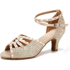 imageJUODVMP Womens Latin Dance Shoes Rhinestones Satin Ballroom Dancing Shoes Salsa Professional Dance ShoesNude23 Heel