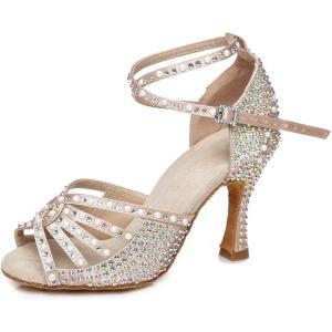 imageJUODVMP Womens Latin Dance Shoes Rhinestones Satin Ballroom Dancing Shoes Salsa Professional Dance ShoesNude35 Heel