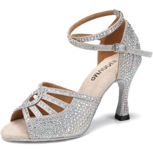 imageJUODVMP Womens Latin Dance Shoes Rhinestones Satin Ballroom Dancing Shoes Salsa Professional Dance ShoesSilver35 Heel