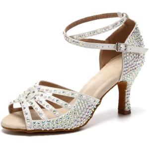imageJUODVMP Womens Latin Dance Shoes Rhinestones Satin Ballroom Dancing Shoes Salsa Professional Dance ShoesWhite3 Heel