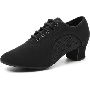 imageJUODVMP Women ampamp Men Latin Dance Shoes Practice Tie Up Closed Toe Standard Ballroom Teaching Performance Dance ShoesModel LHDNJBBlack5cmsuede Full Sole2805