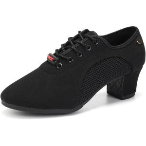 imageJUODVMP Womens Ballroom Dance Practice Shoes Canvas Breathable Chunky Heel Salsa Dance ShoesClosed Toe902rubber Full Sole2heel