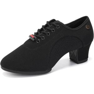 imageJUODVMP Womens Ballroom Dance Practice Shoes Canvas Breathable Chunky Heel Salsa Dance ShoesClosed Toe902rubber Split Sole2heel