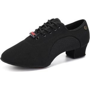 imageJUODVMP Womens Ballroom Dance Practice Shoes Canvas Breathable Chunky Heel Salsa Dance ShoesClosed Toe902suede Split Sole12heel