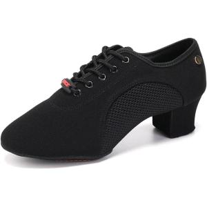 imageJUODVMP Womens Ballroom Dance Practice Shoes Canvas Breathable Chunky Heel Salsa Dance ShoesClosed Toe902suede Split Sole2heel