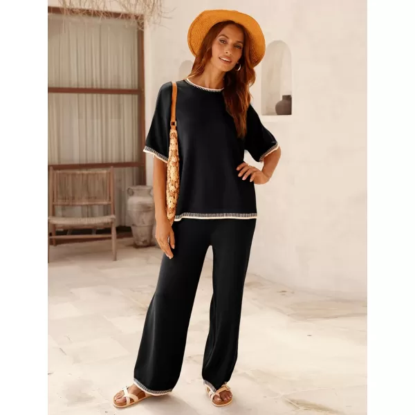 Tanming Womens Lounge Sets 2 Piece Outfits Short Sleeve Knitted Tops Wide Leg Pants Sweater Sets