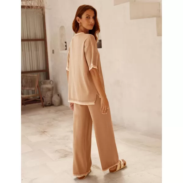 Tanming Womens Lounge Sets 2 Piece Outfits Short Sleeve Knitted Tops Wide Leg Pants Sweater Sets