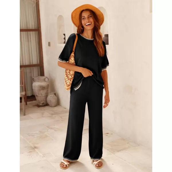 Tanming Womens Lounge Sets 2 Piece Outfits Short Sleeve Knitted Tops Wide Leg Pants Sweater Sets