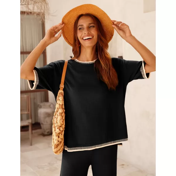 Tanming Womens Lounge Sets 2 Piece Outfits Short Sleeve Knitted Tops Wide Leg Pants Sweater Sets