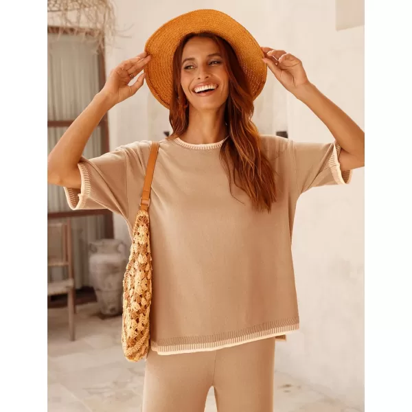 Tanming Womens Lounge Sets 2 Piece Outfits Short Sleeve Knitted Tops Wide Leg Pants Sweater Sets