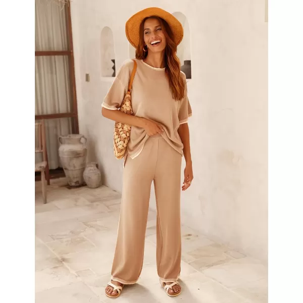 Tanming Womens Lounge Sets 2 Piece Outfits Short Sleeve Knitted Tops Wide Leg Pants Sweater Sets