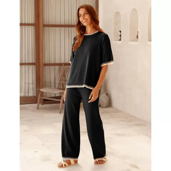 Tanming Womens Lounge Sets 2 Piece Outfits Short Sleeve Knitted Tops Wide Leg Pants Sweater Sets