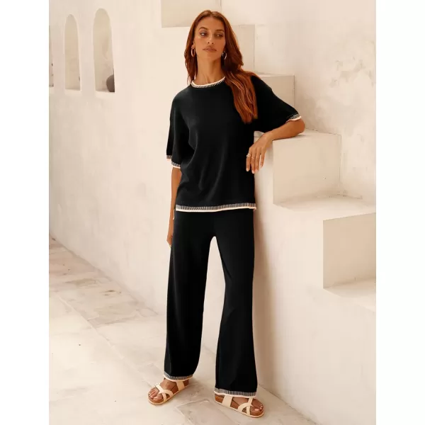 Tanming Womens Lounge Sets 2 Piece Outfits Short Sleeve Knitted Tops Wide Leg Pants Sweater Sets