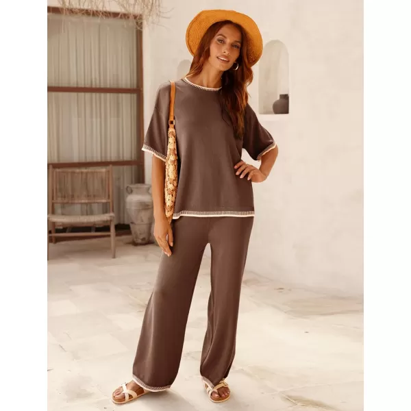 Tanming Womens Lounge Sets 2 Piece Outfits Short Sleeve Knitted Tops Wide Leg Pants Sweater Sets