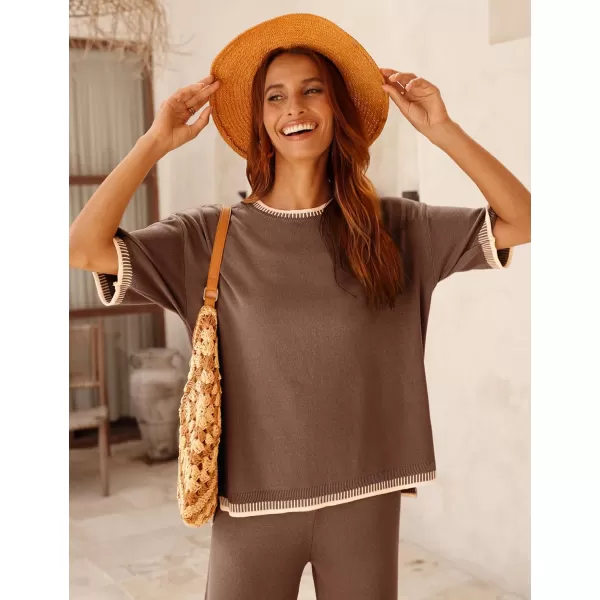 Tanming Womens Lounge Sets 2 Piece Outfits Short Sleeve Knitted Tops Wide Leg Pants Sweater Sets