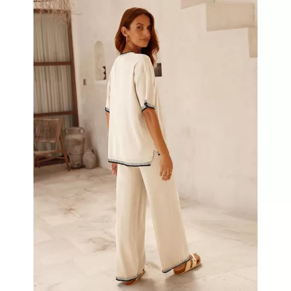Tanming Womens Lounge Sets 2 Piece Outfits Short Sleeve Knitted Tops Wide Leg Pants Sweater Sets