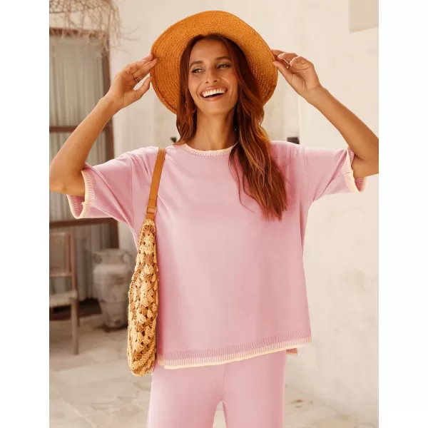 Tanming Womens Lounge Sets 2 Piece Outfits Short Sleeve Knitted Tops Wide Leg Pants Sweater Sets