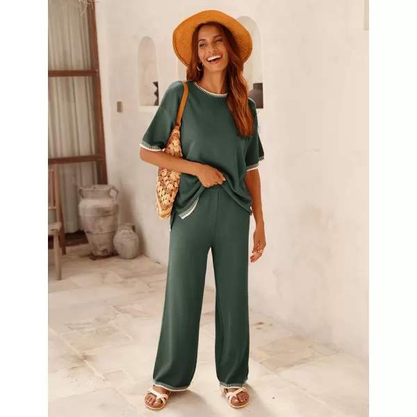 Tanming Womens Lounge Sets 2 Piece Outfits Short Sleeve Knitted Tops Wide Leg Pants Sweater Sets