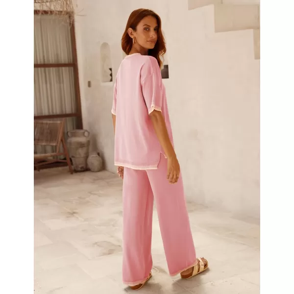 Tanming Womens Lounge Sets 2 Piece Outfits Short Sleeve Knitted Tops Wide Leg Pants Sweater Sets