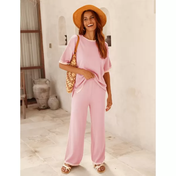Tanming Womens Lounge Sets 2 Piece Outfits Short Sleeve Knitted Tops Wide Leg Pants Sweater Sets