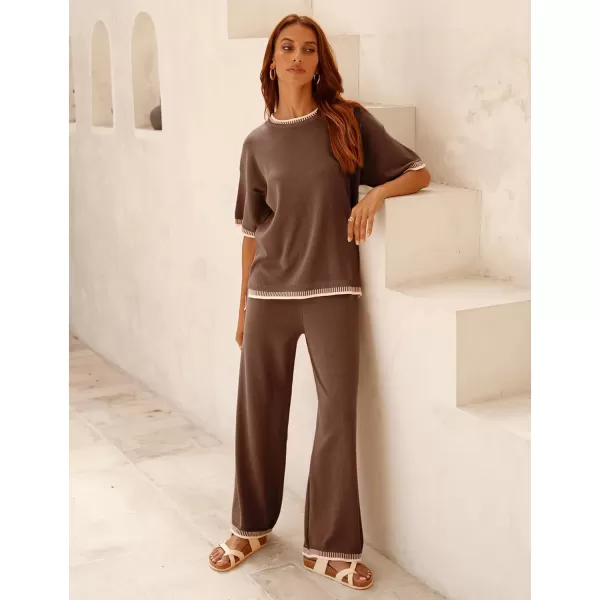 Tanming Womens Lounge Sets 2 Piece Outfits Short Sleeve Knitted Tops Wide Leg Pants Sweater Sets