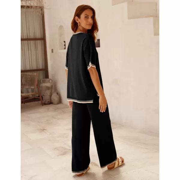 Tanming Womens Lounge Sets 2 Piece Outfits Short Sleeve Knitted Tops Wide Leg Pants Sweater Sets