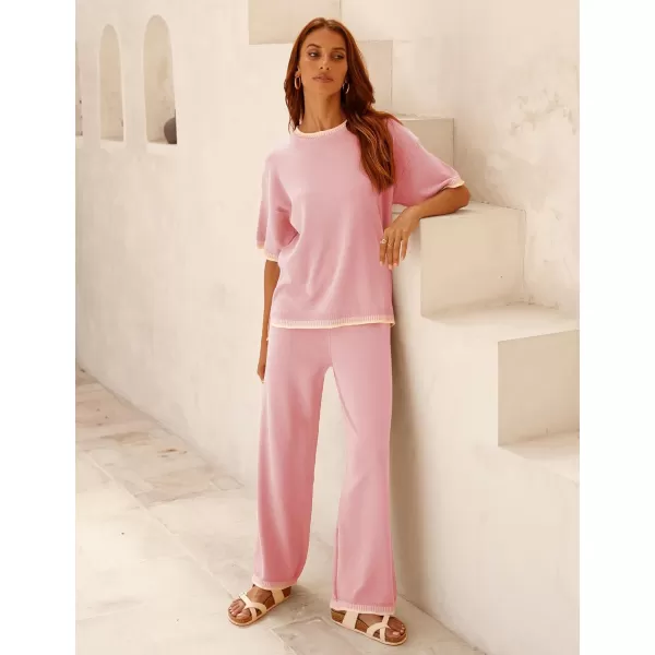 Tanming Womens Lounge Sets 2 Piece Outfits Short Sleeve Knitted Tops Wide Leg Pants Sweater Sets
