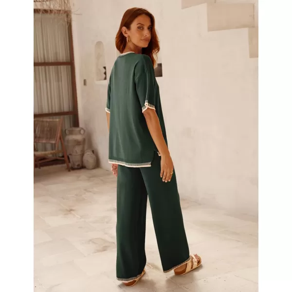 Tanming Womens Lounge Sets 2 Piece Outfits Short Sleeve Knitted Tops Wide Leg Pants Sweater Sets