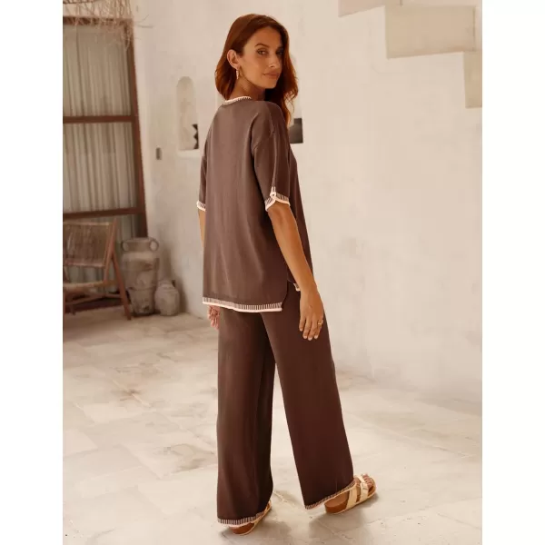 Tanming Womens Lounge Sets 2 Piece Outfits Short Sleeve Knitted Tops Wide Leg Pants Sweater Sets