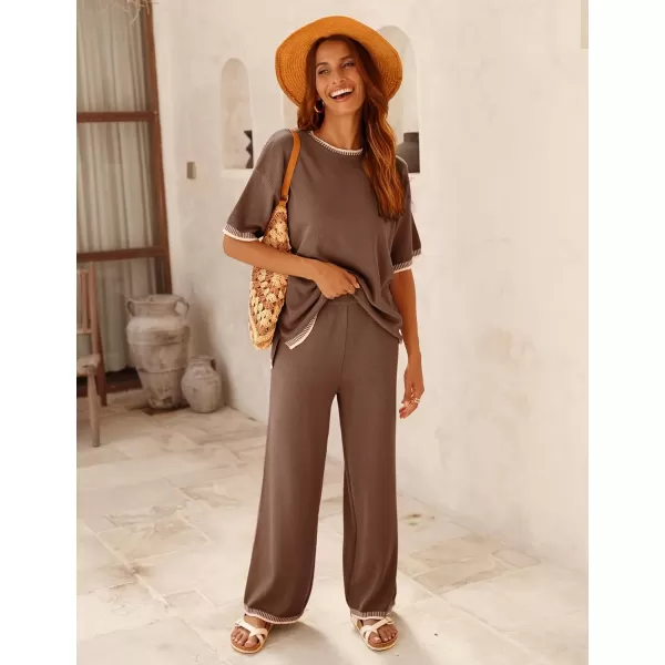 Tanming Womens Lounge Sets 2 Piece Outfits Short Sleeve Knitted Tops Wide Leg Pants Sweater Sets