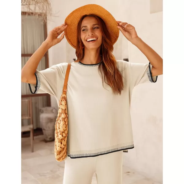 Tanming Womens Lounge Sets 2 Piece Outfits Short Sleeve Knitted Tops Wide Leg Pants Sweater Sets