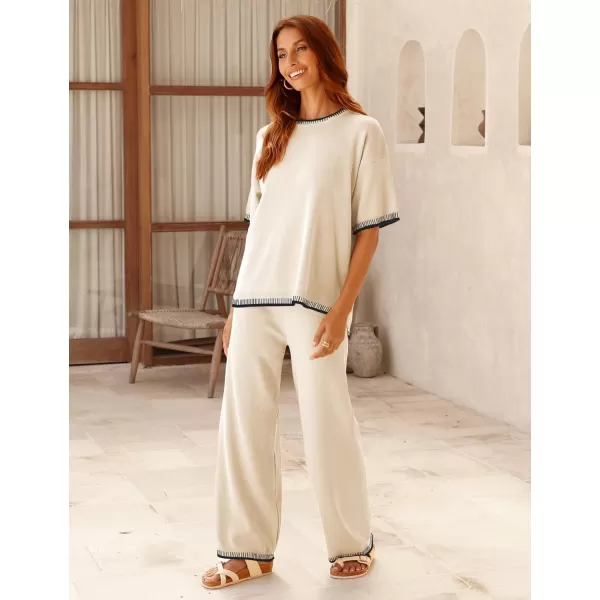 Tanming Womens Lounge Sets 2 Piece Outfits Short Sleeve Knitted Tops Wide Leg Pants Sweater Sets