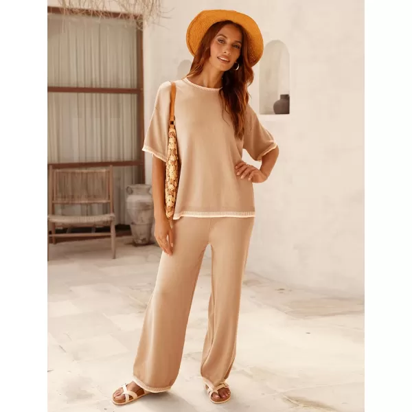 Tanming Womens Lounge Sets 2 Piece Outfits Short Sleeve Knitted Tops Wide Leg Pants Sweater Sets