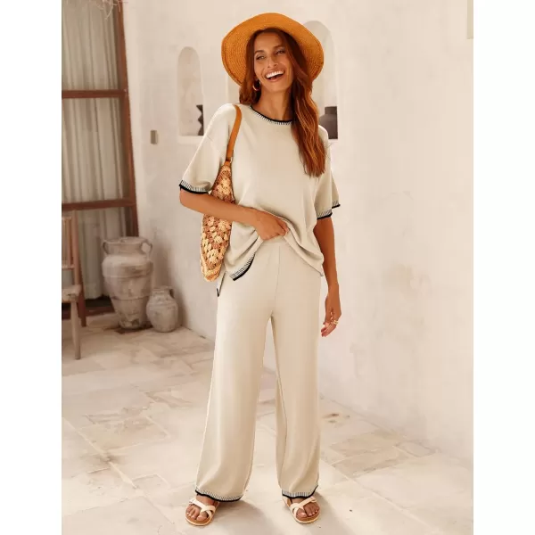 Tanming Womens Lounge Sets 2 Piece Outfits Short Sleeve Knitted Tops Wide Leg Pants Sweater Sets