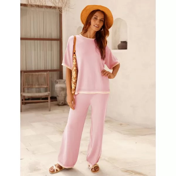 Tanming Womens Lounge Sets 2 Piece Outfits Short Sleeve Knitted Tops Wide Leg Pants Sweater Sets