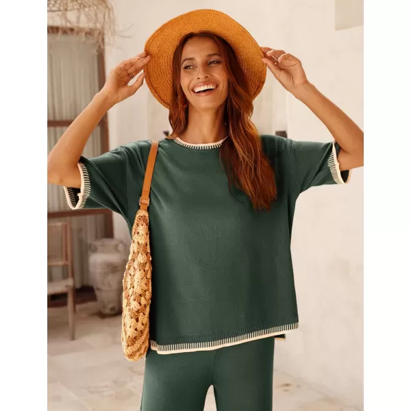 Tanming Womens Lounge Sets 2 Piece Outfits Short Sleeve Knitted Tops Wide Leg Pants Sweater Sets