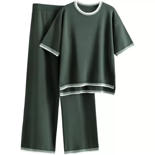 Tanming Womens Lounge Sets 2 Piece Outfits Short Sleeve Knitted Tops Wide Leg Pants Sweater Sets