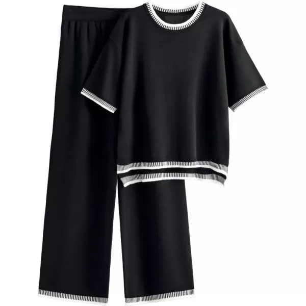 Tanming Womens Lounge Sets 2 Piece Outfits Short Sleeve Knitted Tops Wide Leg Pants Sweater Sets