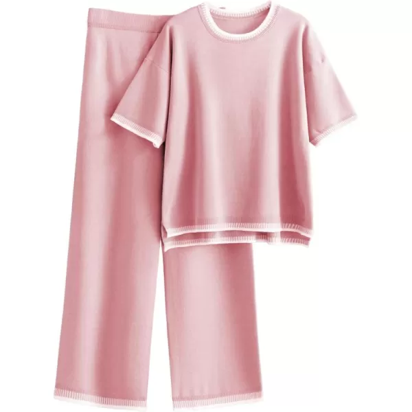 Tanming Womens Lounge Sets 2 Piece Outfits Short Sleeve Knitted Tops Wide Leg Pants Sweater Sets