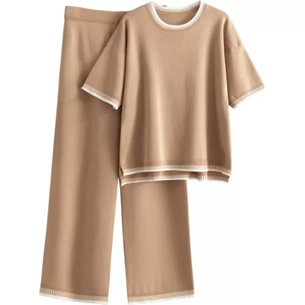 Tanming Womens Lounge Sets 2 Piece Outfits Short Sleeve Knitted Tops Wide Leg Pants Sweater Sets