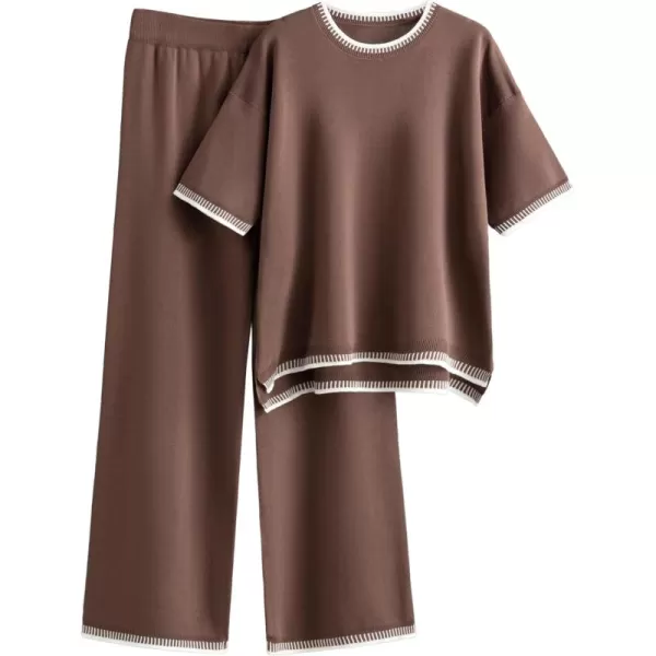 Tanming Womens Lounge Sets 2 Piece Outfits Short Sleeve Knitted Tops Wide Leg Pants Sweater Sets