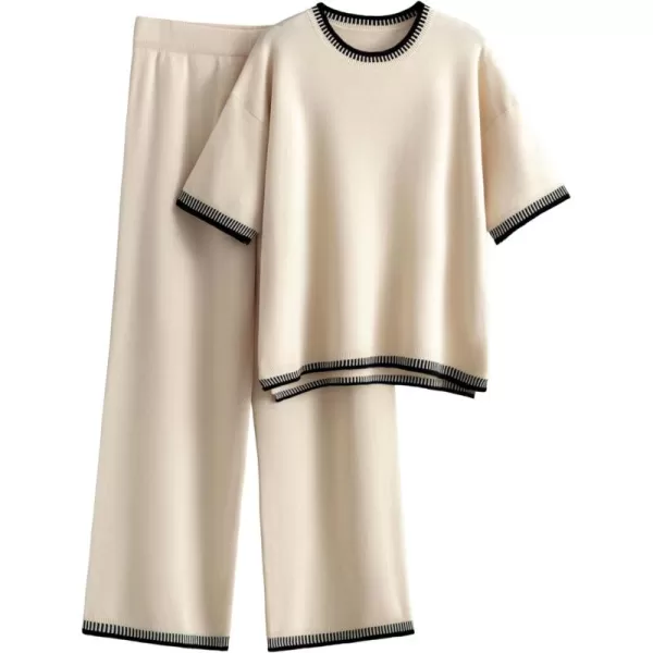 Tanming Womens Lounge Sets 2 Piece Outfits Short Sleeve Knitted Tops Wide Leg Pants Sweater Sets