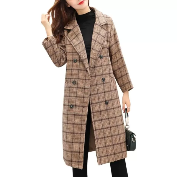 Tanming Women's Notch Lapel Double Breasted Wool Blend Mid Long Pea Trench Coat