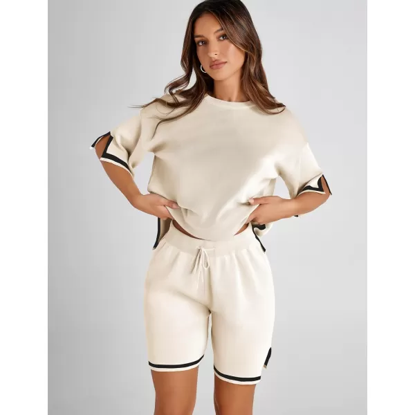 Tanming Lounge Sets for Women Summer Sweater Sets Short Sleeve Knit Tops Wide Leg Shorts