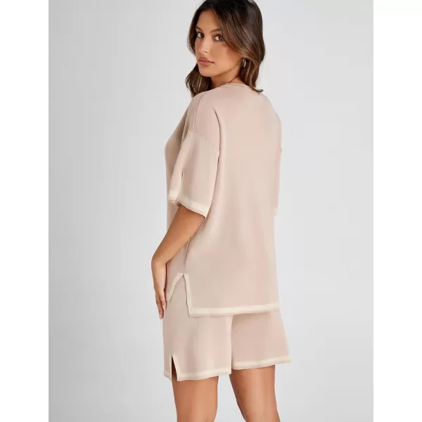 Tanming Lounge Sets for Women Summer Sweater Sets Short Sleeve Knit Tops Wide Leg Shorts