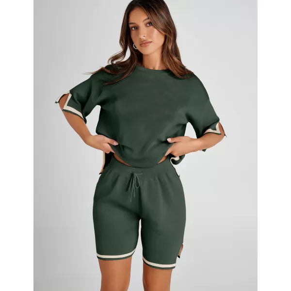 Tanming Lounge Sets for Women Summer Sweater Sets Short Sleeve Knit Tops Wide Leg Shorts