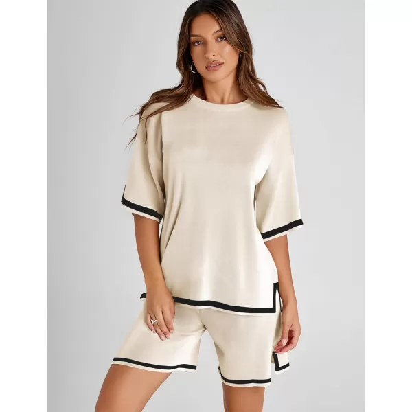 Tanming Lounge Sets for Women Summer Sweater Sets Short Sleeve Knit Tops Wide Leg Shorts